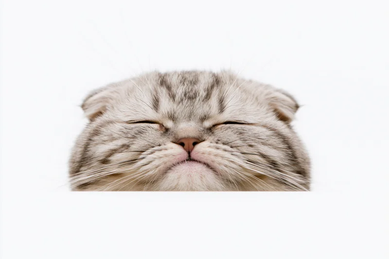 Scottish fold kitten peeking up from bottom edge with closed eyes and fluffy face against white background