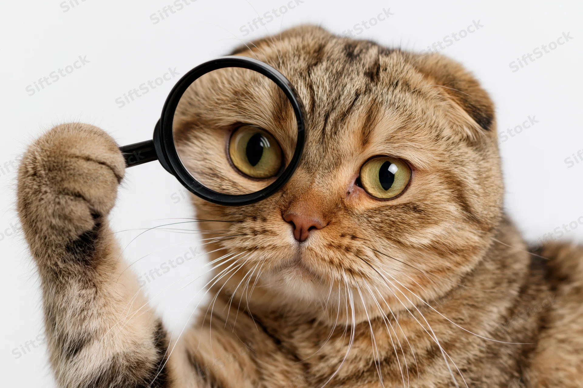 Scottish fold tabby cat holding magnifying lens up to its eye against white background