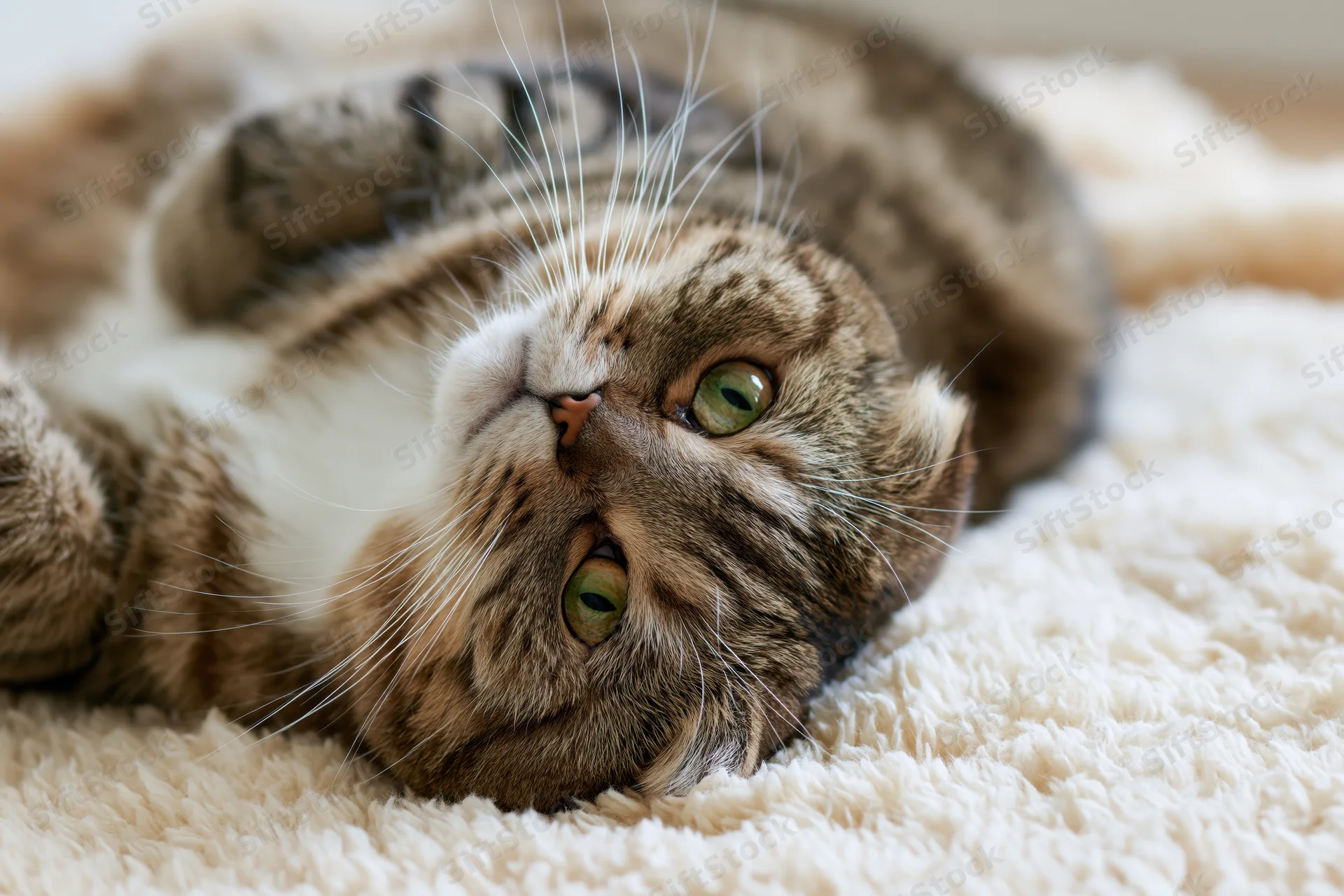 Scottish fold tabby cat lying on its back on a fluffy white rug