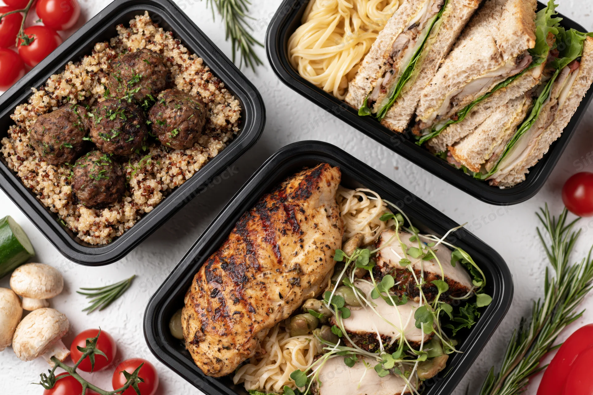 Black plastic containers filled with meal-prepped dishes arranged on a white surface with fresh vegetables and herbs around