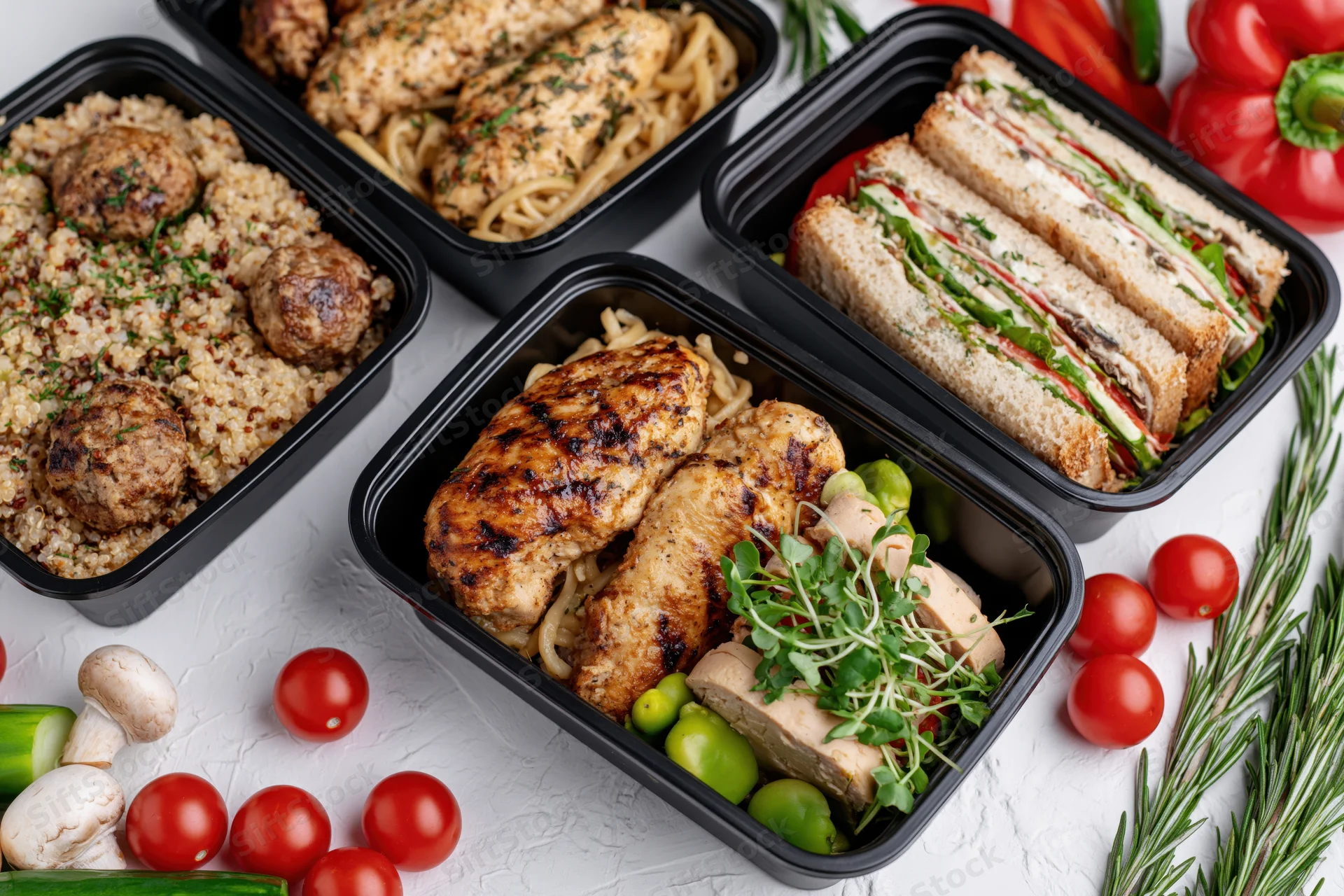 Black plastic containers filled with prepped meals arranged on a white surface with fresh vegetables and herbs around
