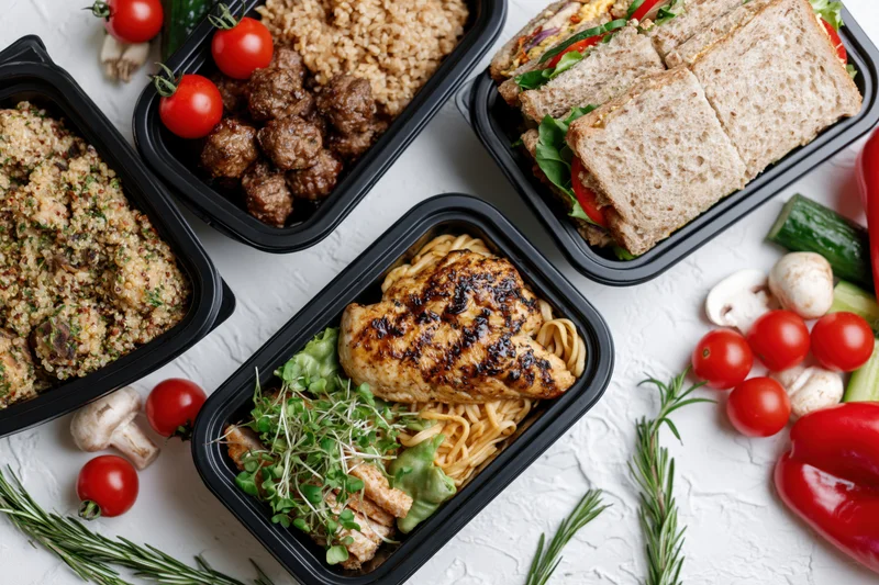 Black plastic containers filled with prepped meals arranged on a white surface with fresh vegetables and herbs around