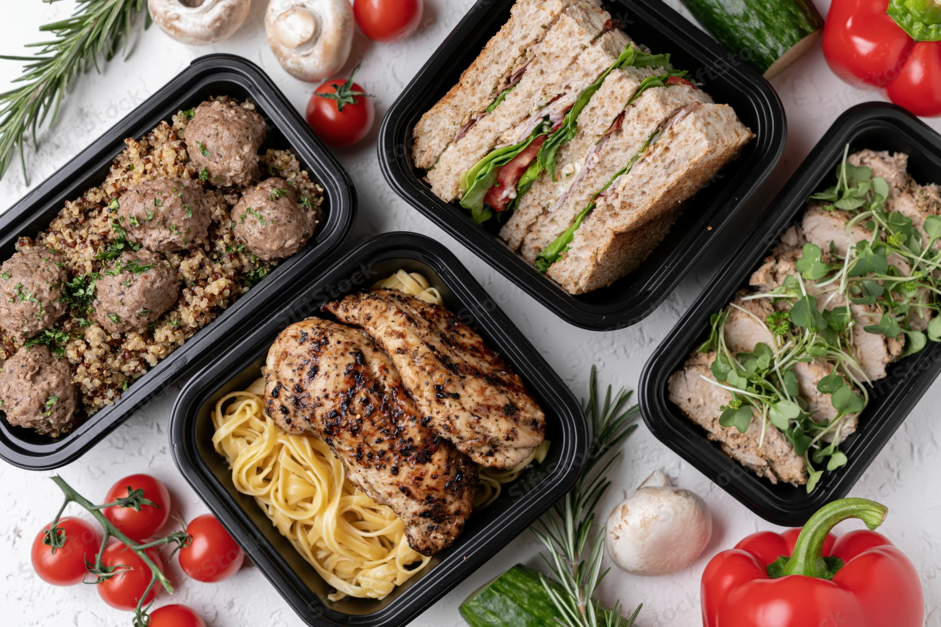 Black plastic containers filled with prepped meals arranged on a white surface with fresh vegetables and herbs around