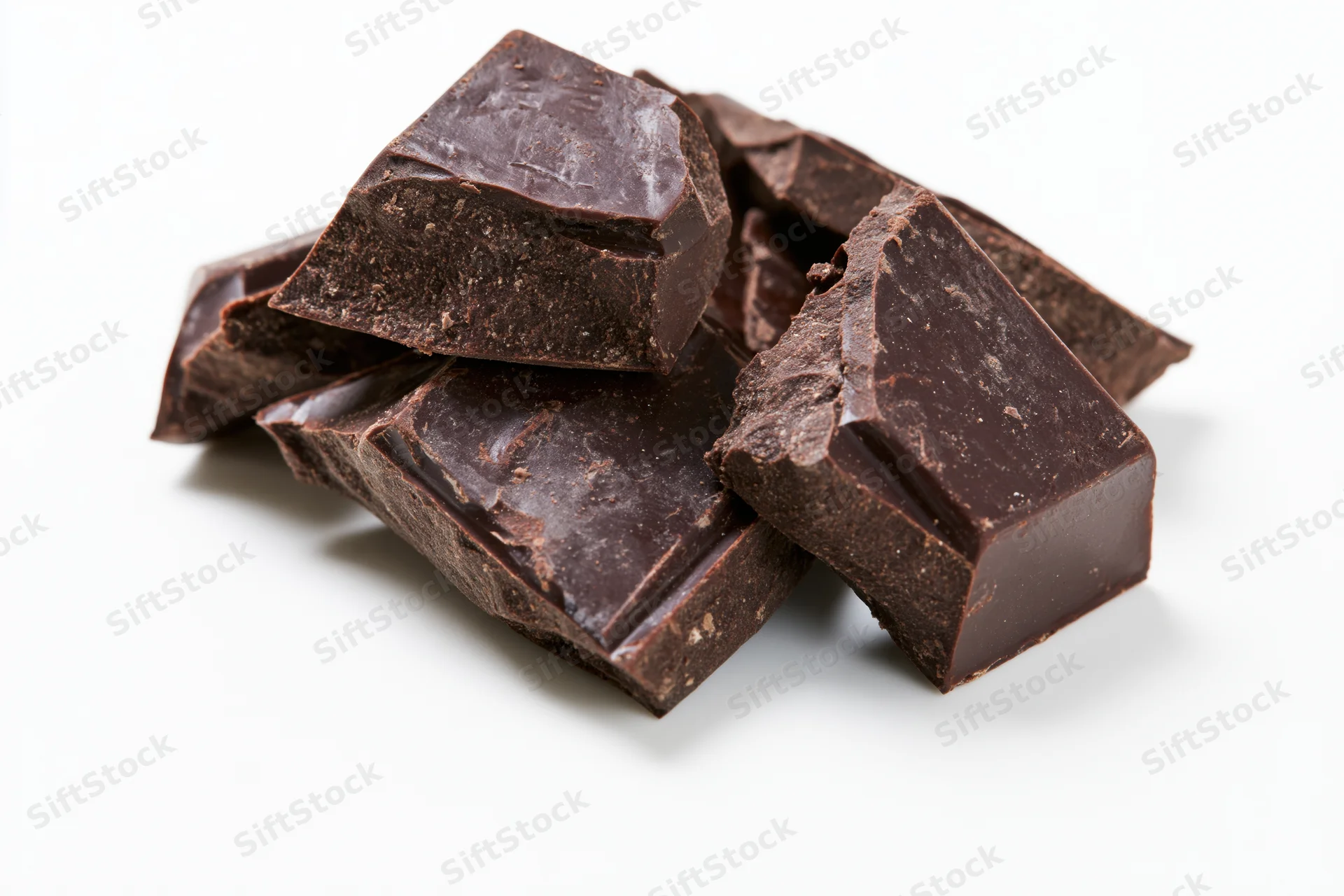 Broken dark chocolate chunks stacked on white background