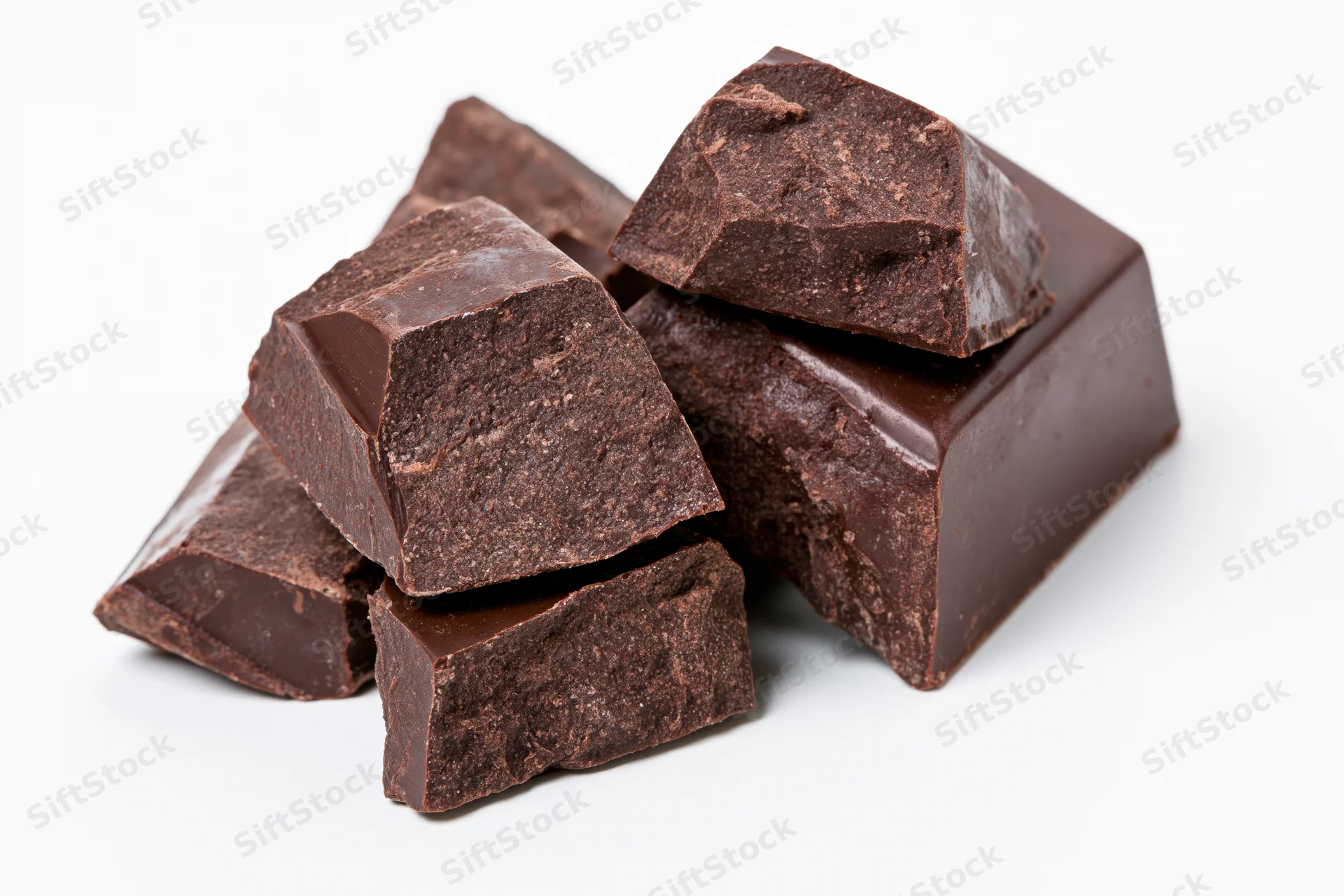 Broken dark chocolate chunks and irregular pieces stacked on white background