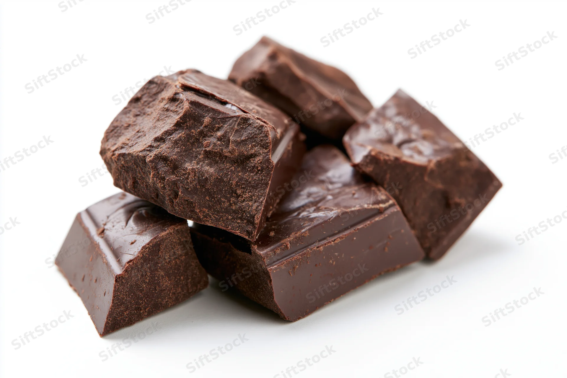 Broken dark chocolate chunks stacked on white background