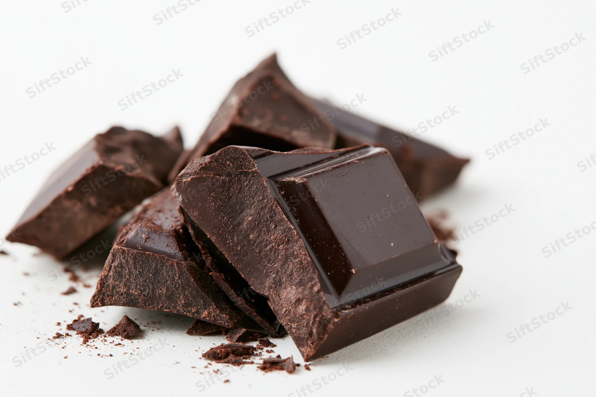 Broken dark chocolate chunks scattered on a white surface