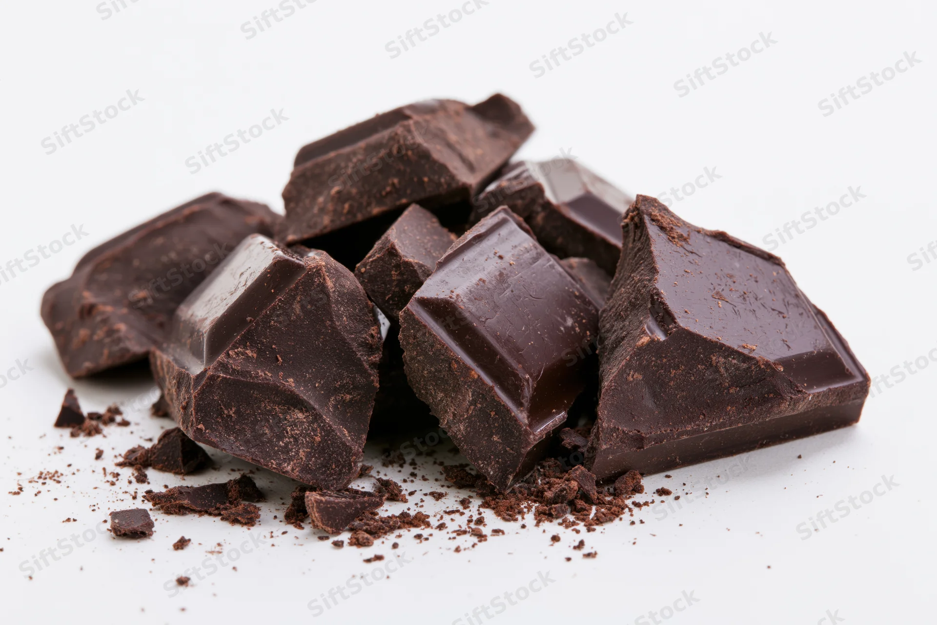 Broken dark chocolate chunks scattered on a white surface