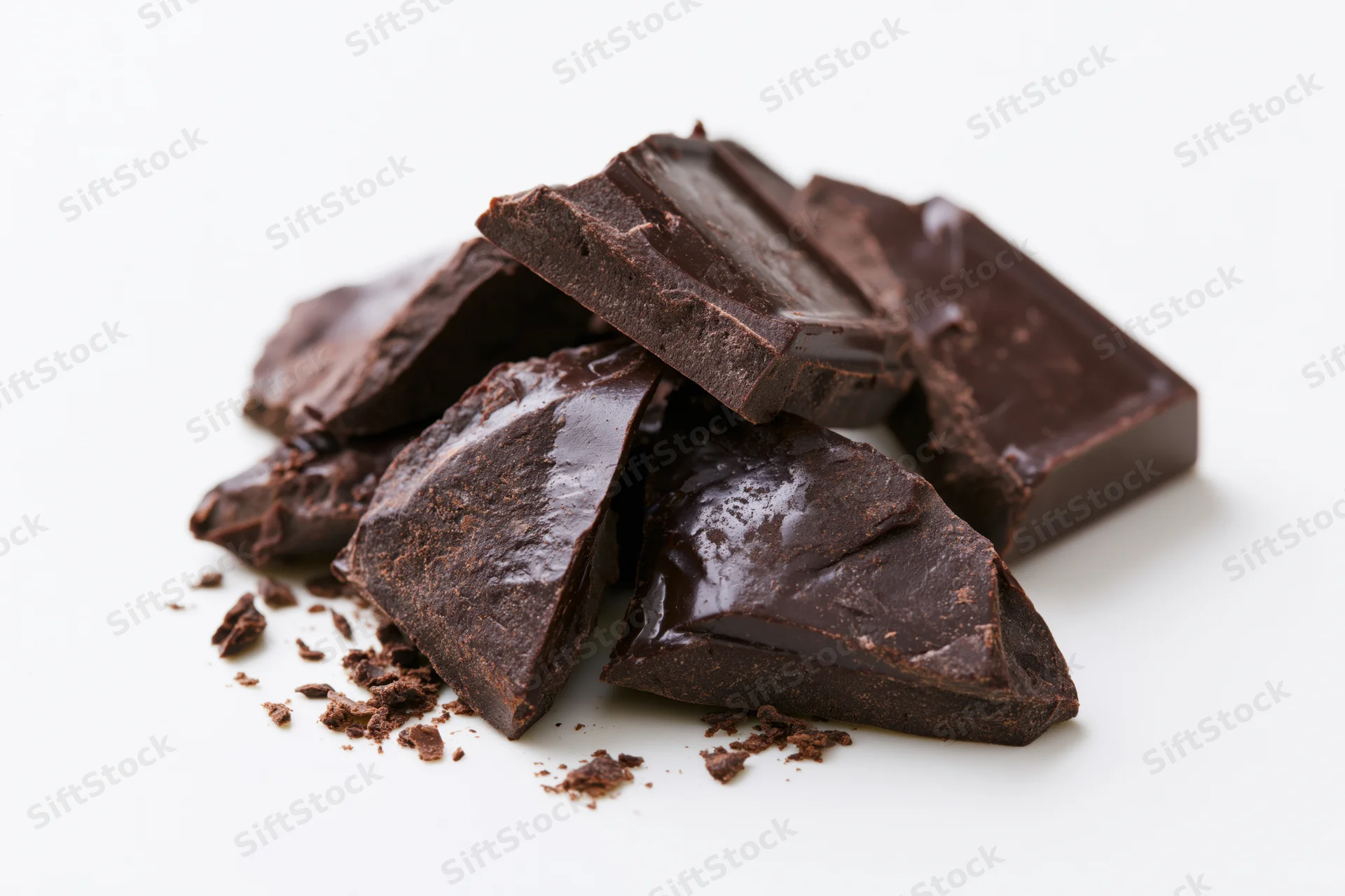 Broken dark chocolate chunks scattered on a white background