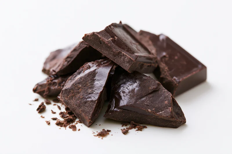 Broken dark chocolate chunks scattered on a white background