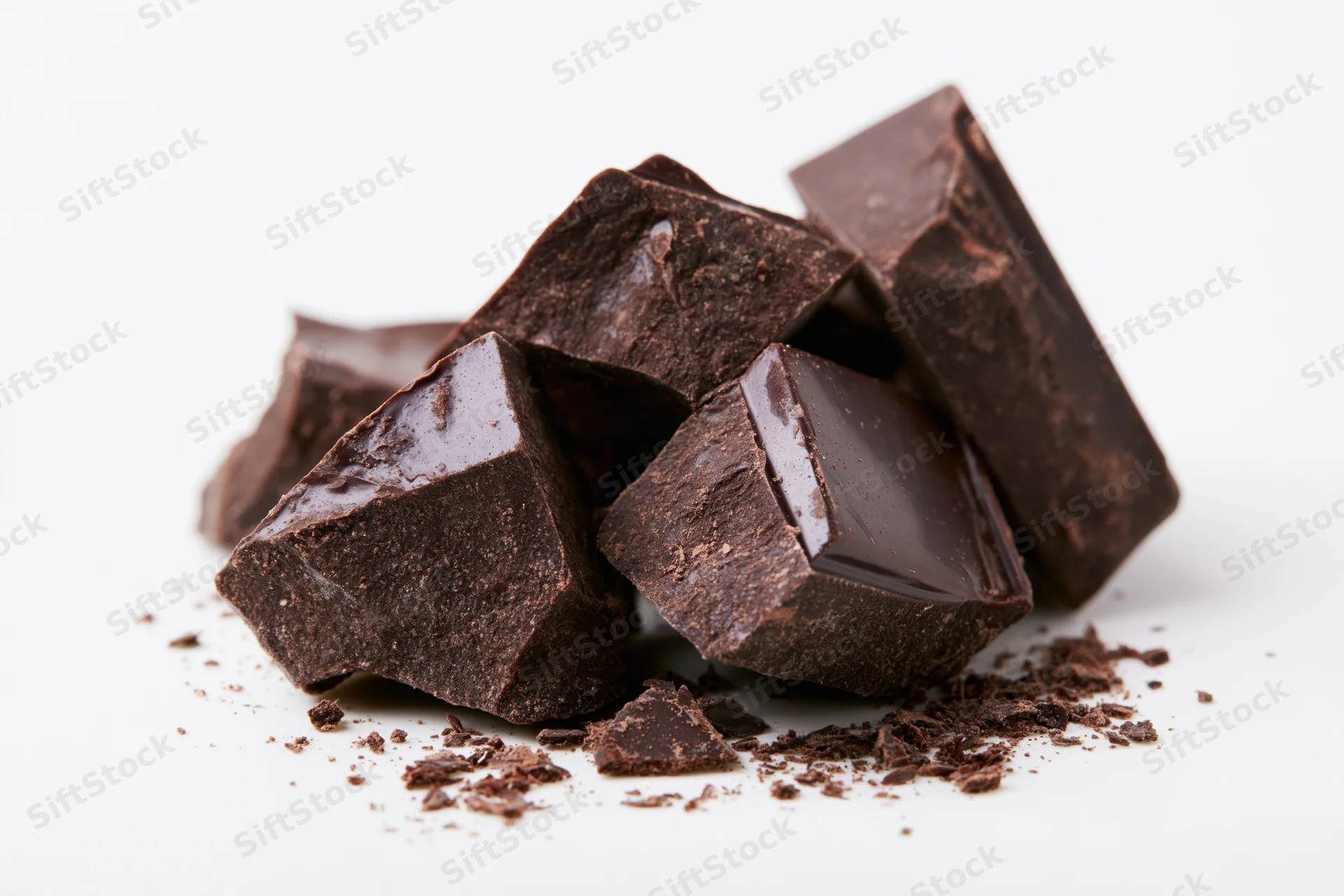 Broken dark chocolate chunks scattered on a white background
