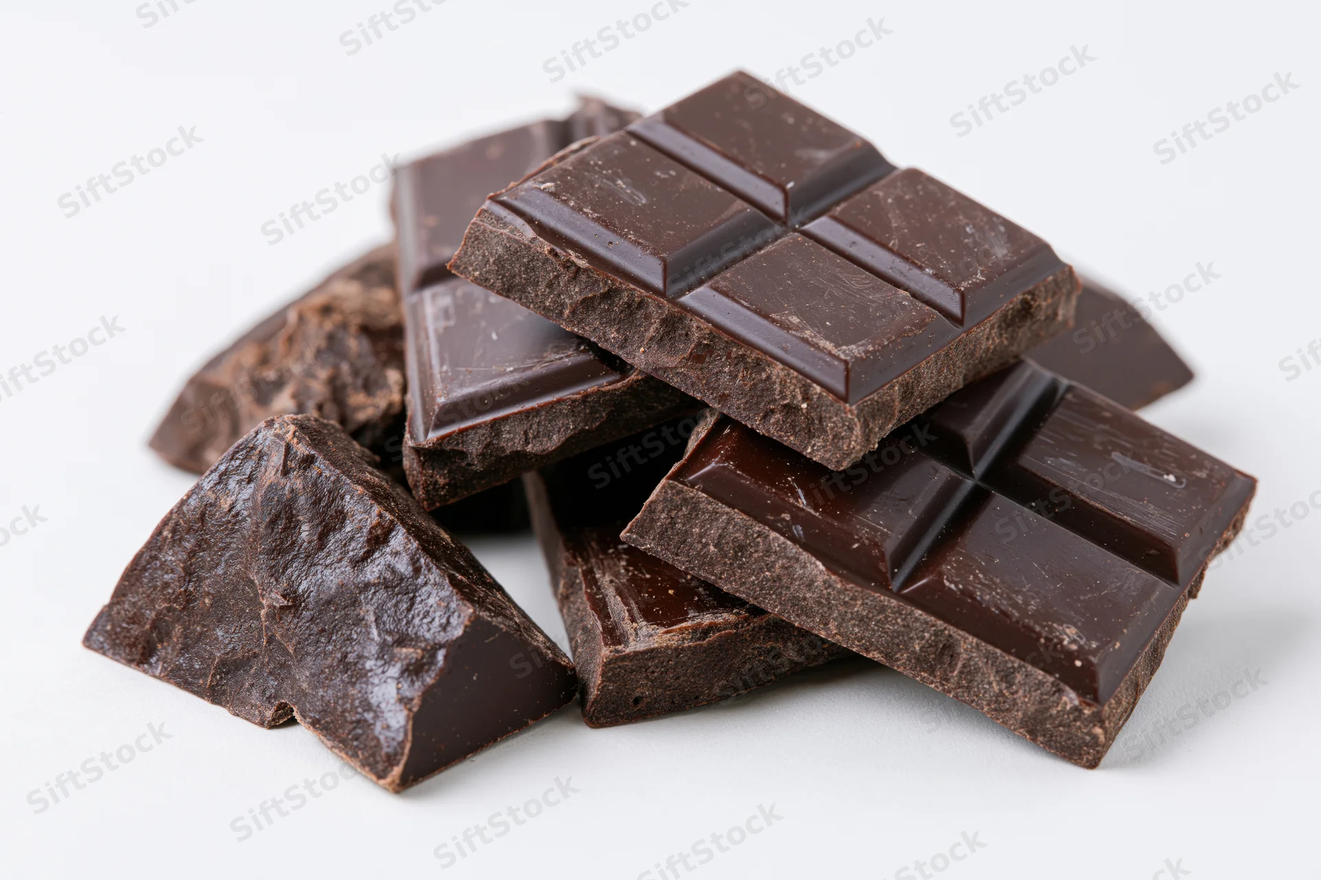 Broken dark chocolate pieces stacked and scattered on white background