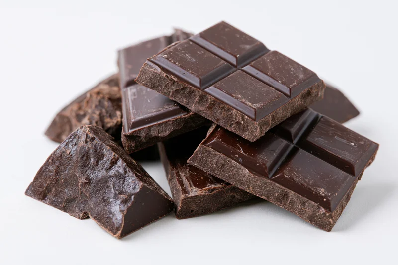 Broken dark chocolate pieces stacked and scattered on white background