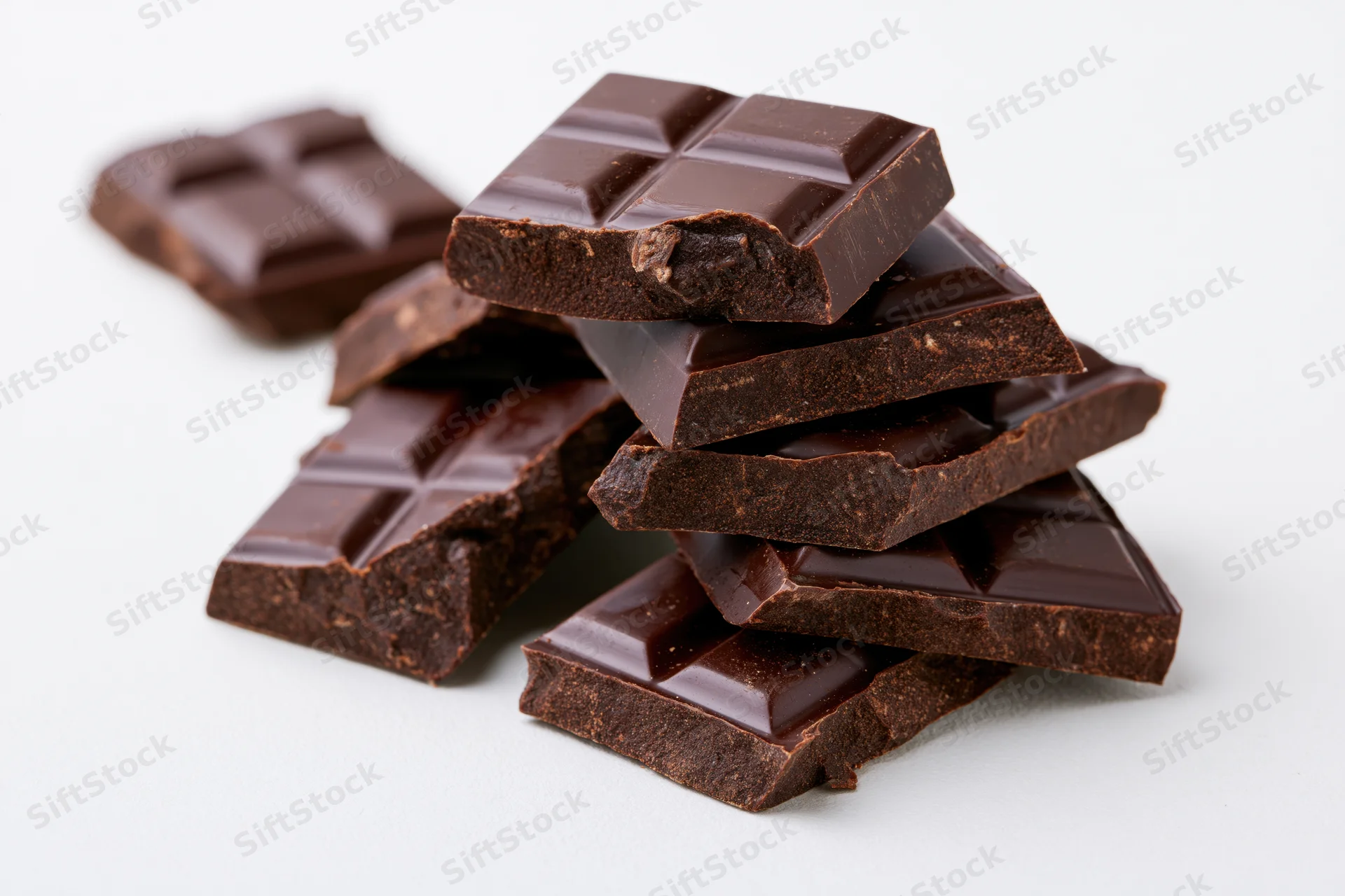 Broken dark chocolate pieces stacked and scattered on white background