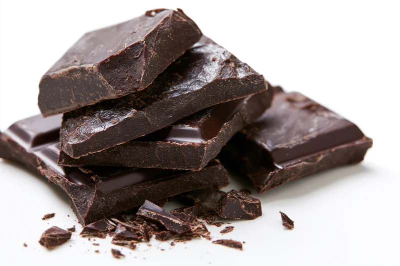Broken dark chocolate pieces stacked loosely on a white background