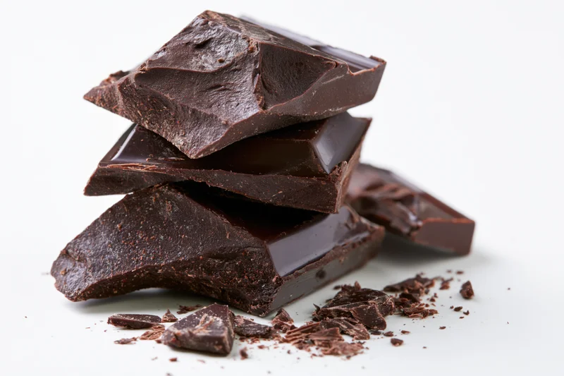 Broken dark chocolate pieces stacked loosely on white background