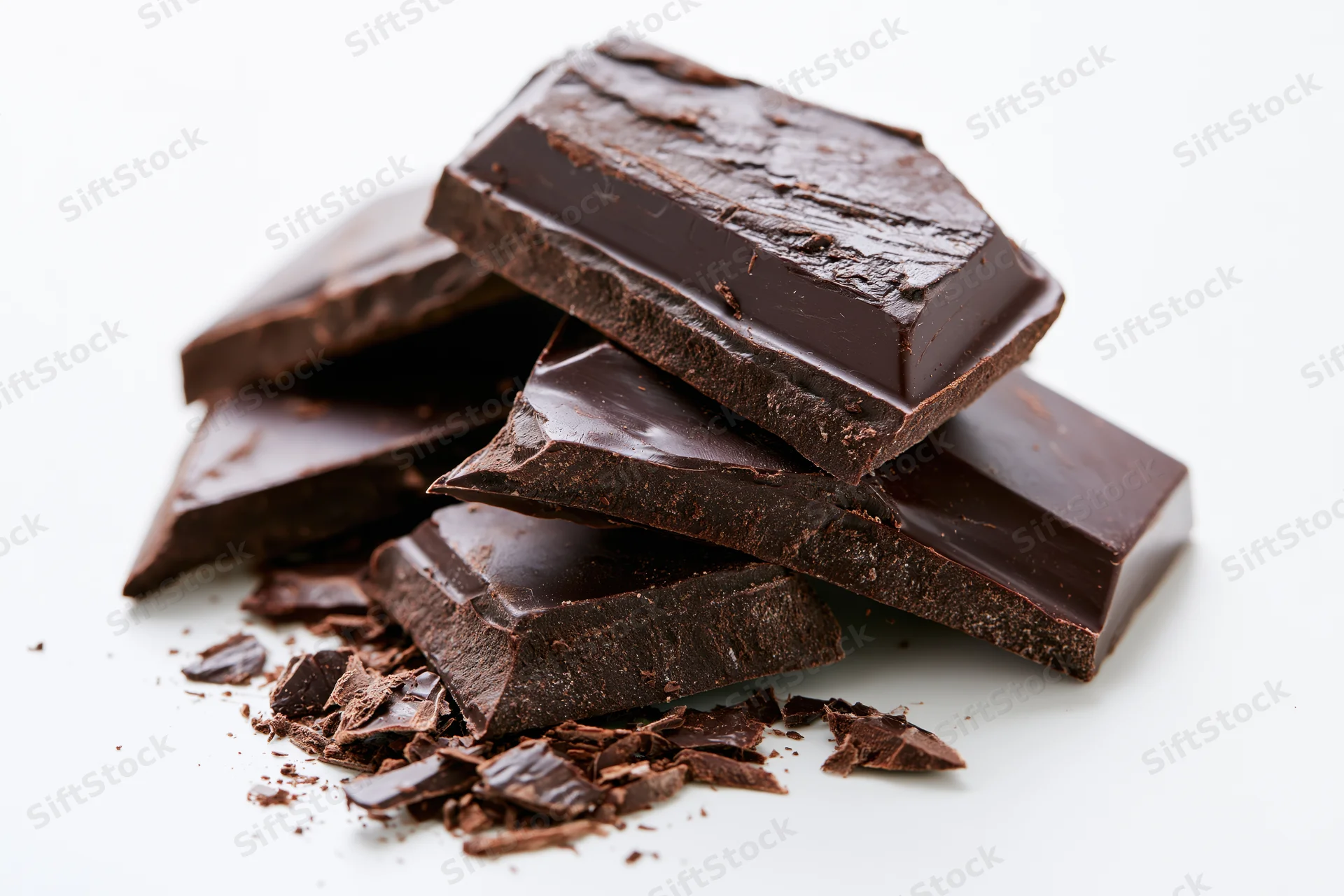 Broken dark chocolate pieces stacked loosely on white background