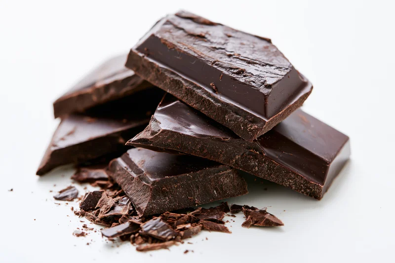 Broken dark chocolate pieces stacked loosely on white background