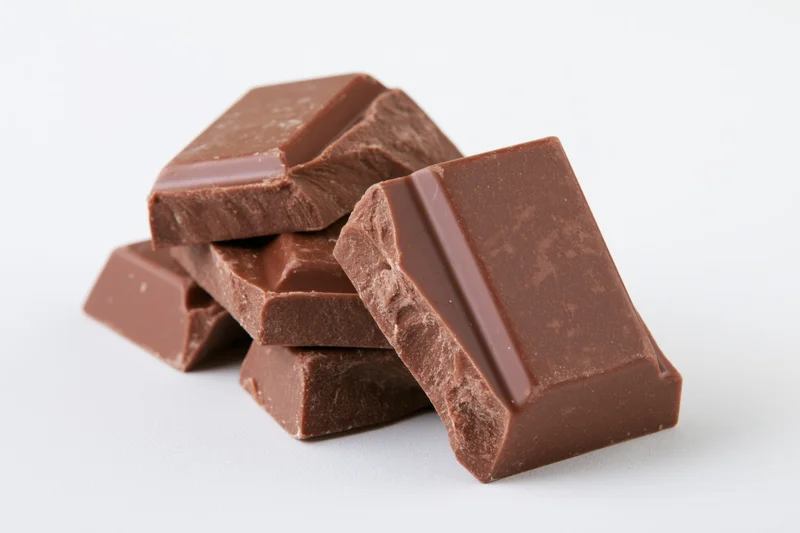 Broken milk chocolate bar pieces stacked and scattered on white background