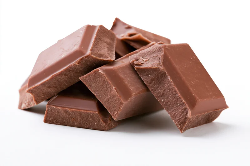 Broken milk chocolate bar pieces stacked and scattered on white background