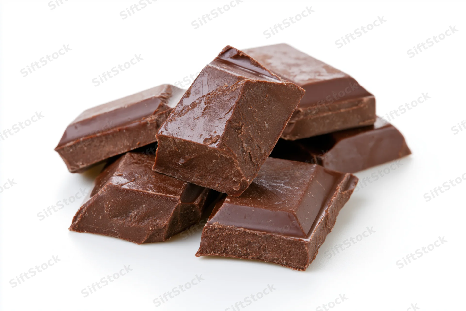 Broken milk chocolate bar pieces stacked and scattered on white background
