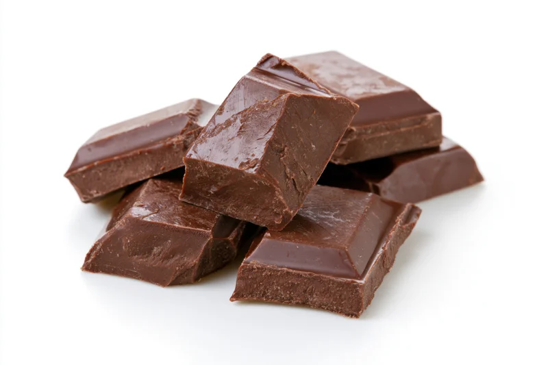 Broken milk chocolate bar pieces stacked and scattered on white background