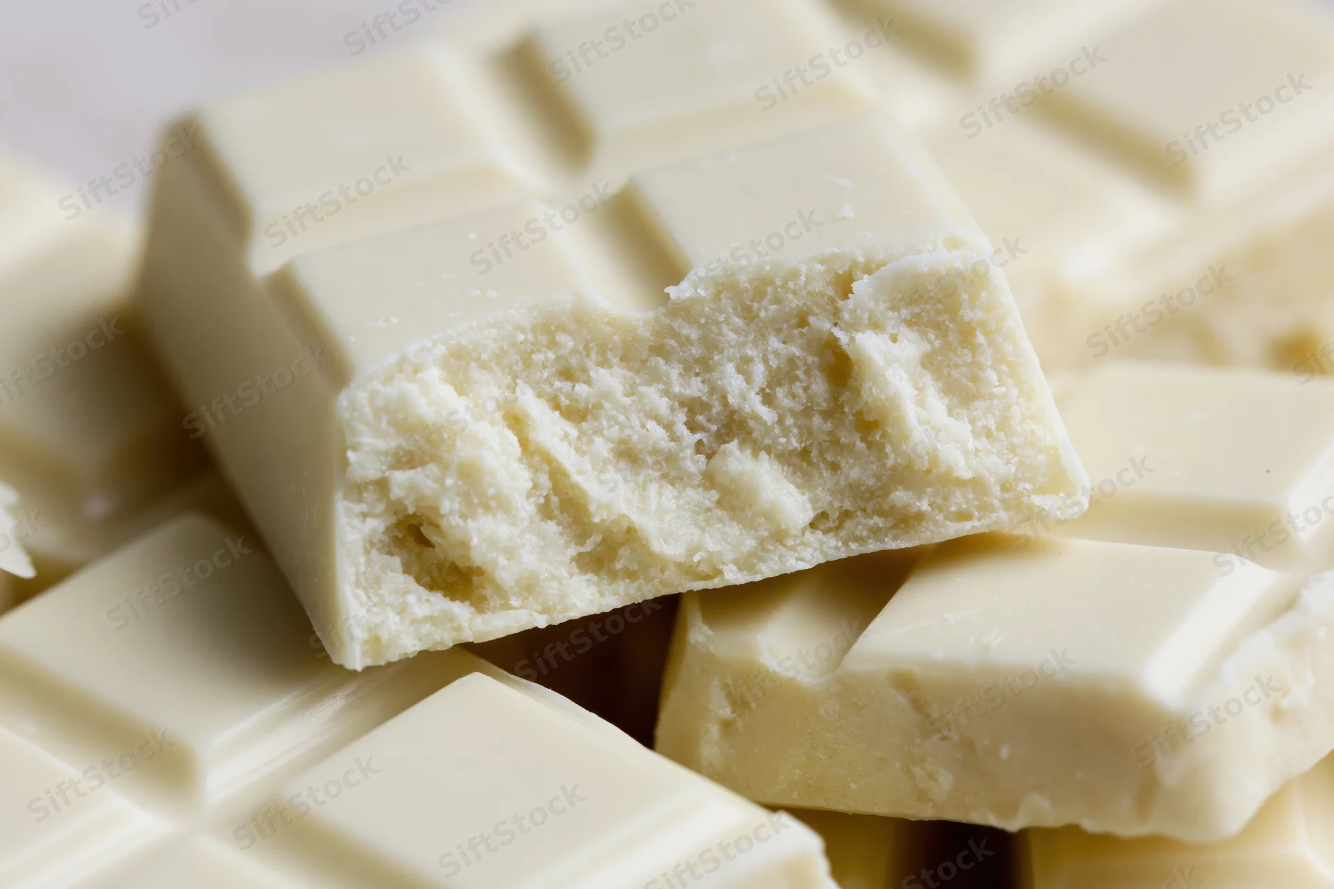 Broken white chocolate squares piled together in closeup view
