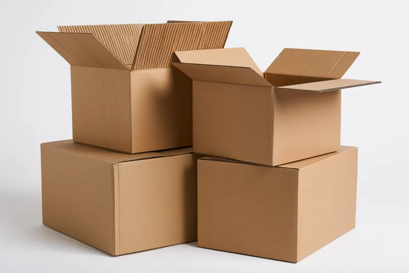 Cardboard moving boxes stacked and arranged in a loose formation on a white background