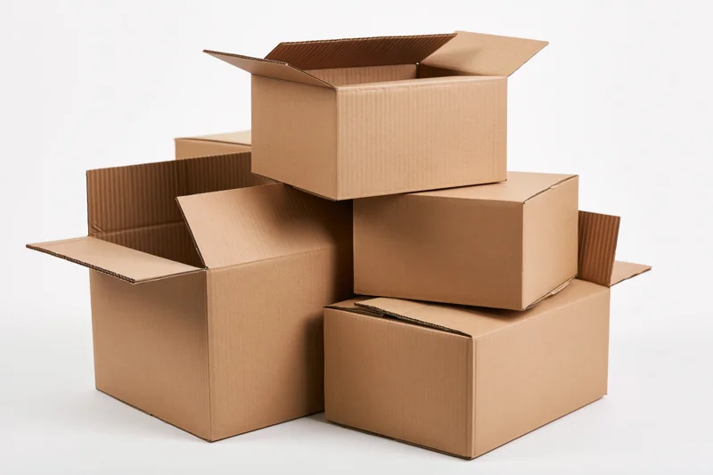 Cardboard moving boxes stacked and arranged in a loose pile on a white background