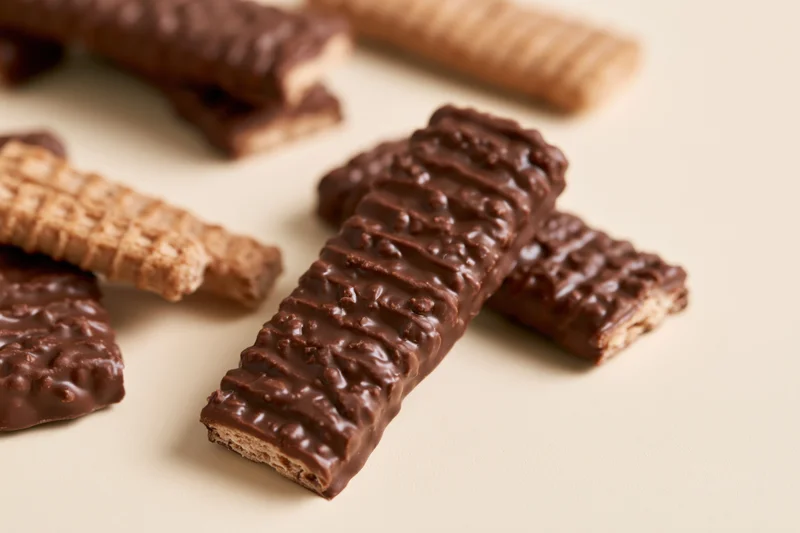 Chocolate-coated wafer bars and plain wafer sticks scattered on a light surface