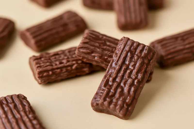 Chocolate-coated wafer candy bars scattered on a beige surface with copyspace