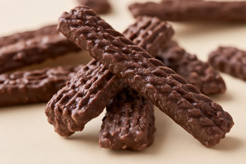 Chocolate-coated wafer sticks scattered in a close-up still life on a neutral surface