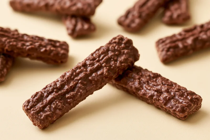 Chocolate-coated wafer candy bars scattered on a beige surface