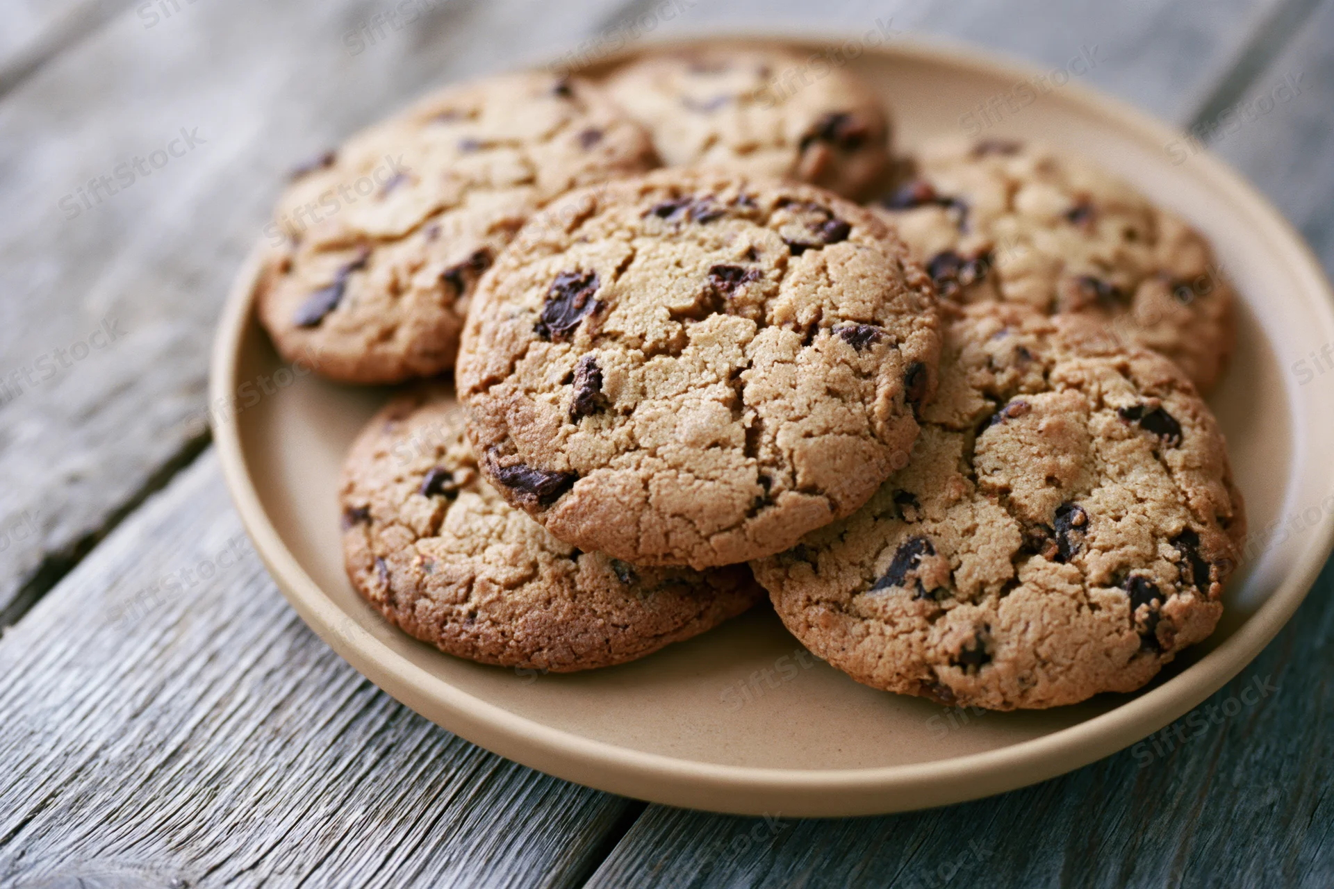 Chocolate chip cookies piled on a tan ceramic plate on a wooden surface