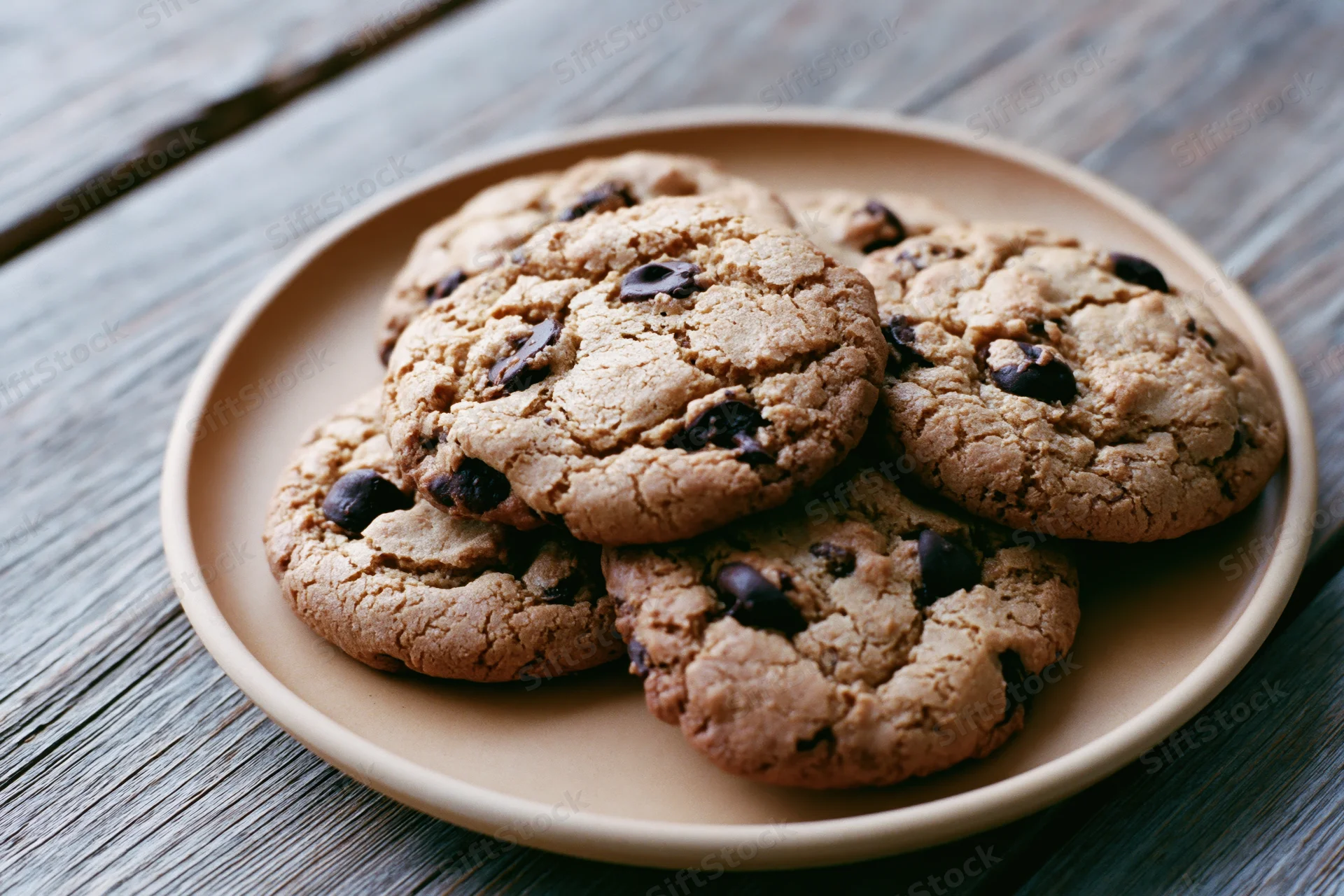 Chocolate chip cookies piled on a tan ceramic plate on a wooden table