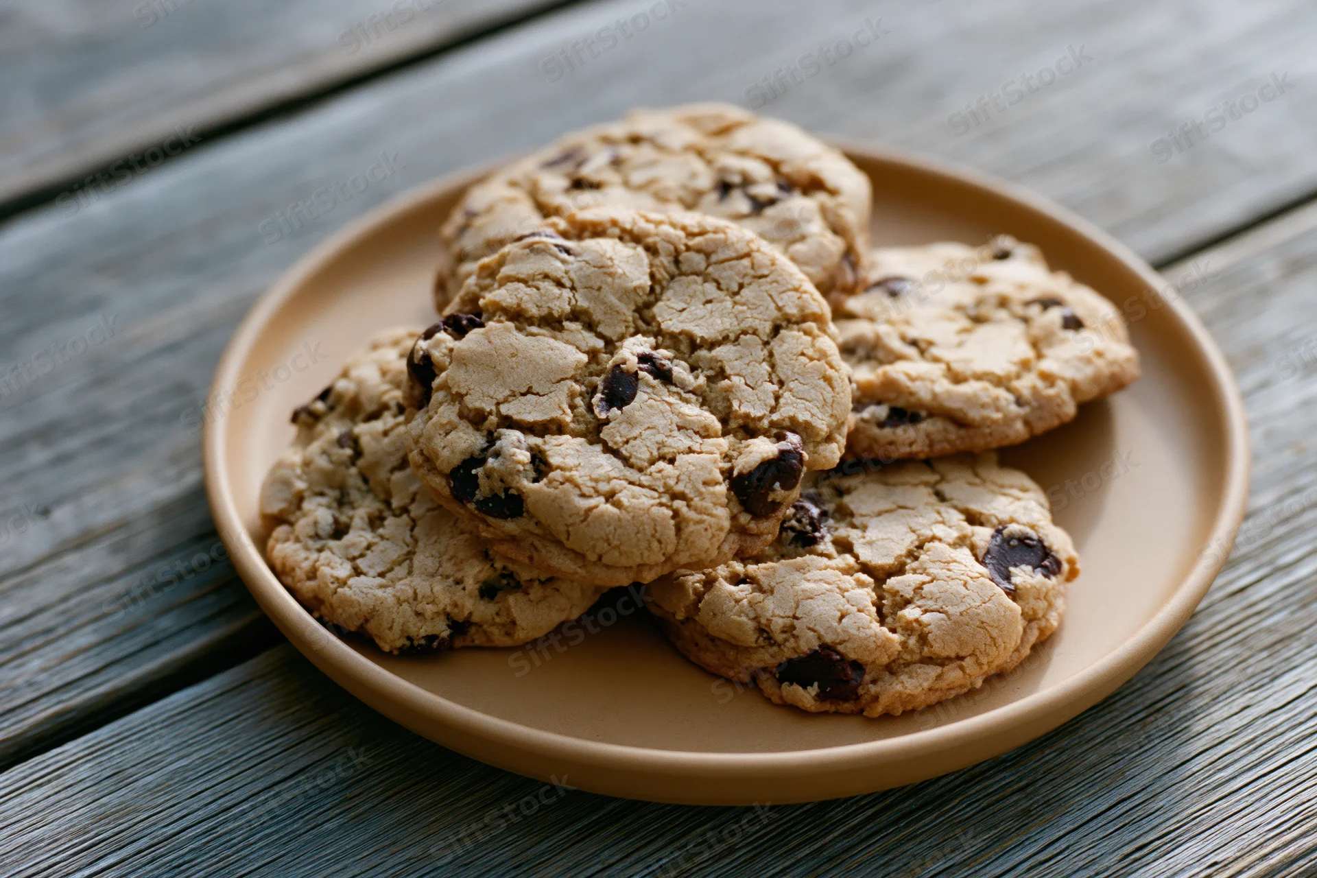 Chocolate chip cookies piled on a tan ceramic plate on a wooden table