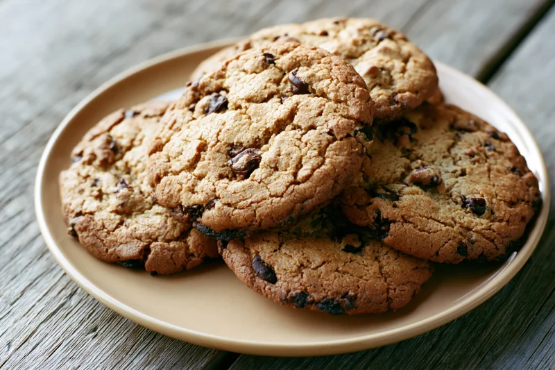 Chocolate chip cookies piled on a tan ceramic plate on a wooden table