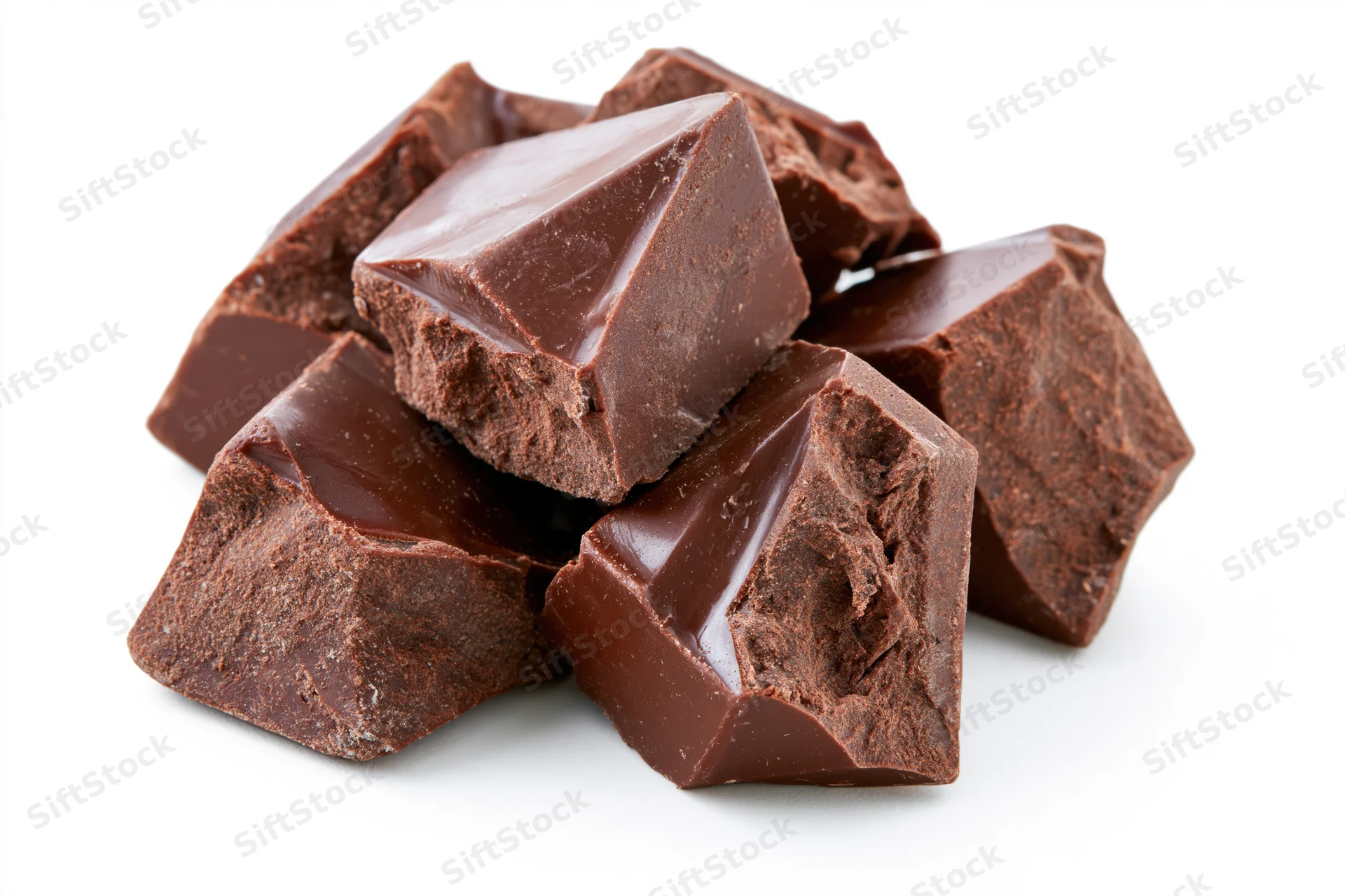 Rough-broken chunks of dark milk chocolate piled loosely on white background