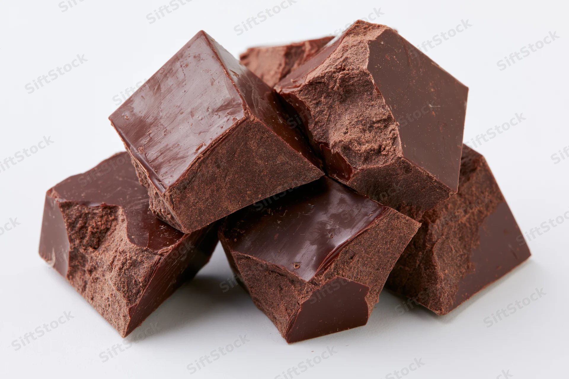 Rough-broken chunks of dark milk chocolate piled loosely on a white surface