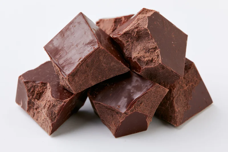 Rough-broken chunks of dark milk chocolate piled loosely on a white surface