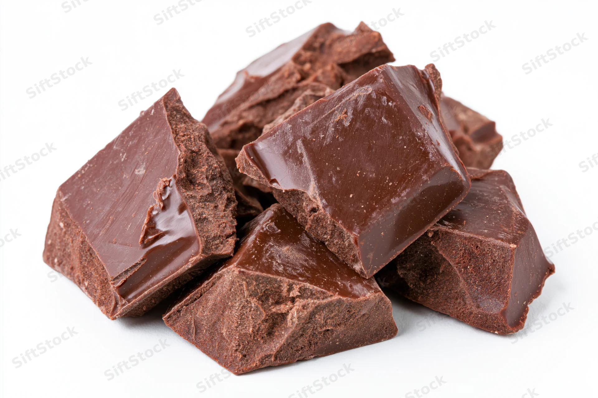 Rough-broken chunks of dark milk chocolate piled loosely on a white surface