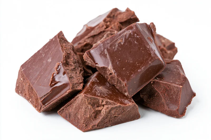 Rough-broken chunks of dark milk chocolate piled loosely on a white surface