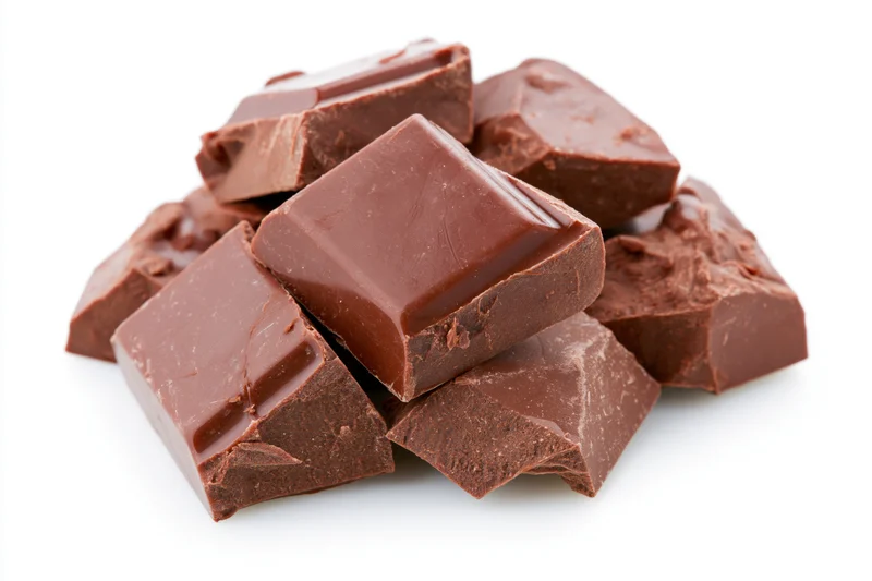 Rough-broken chunks of dark milk chocolate piled loosely on white background