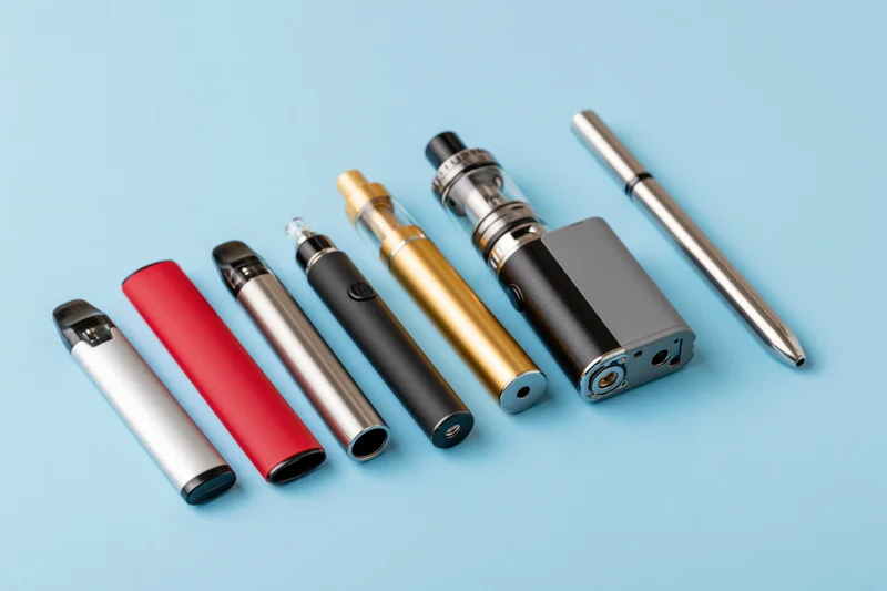 Various vaping devices and e-cigarettes arranged in a loose diagonal on a blue background