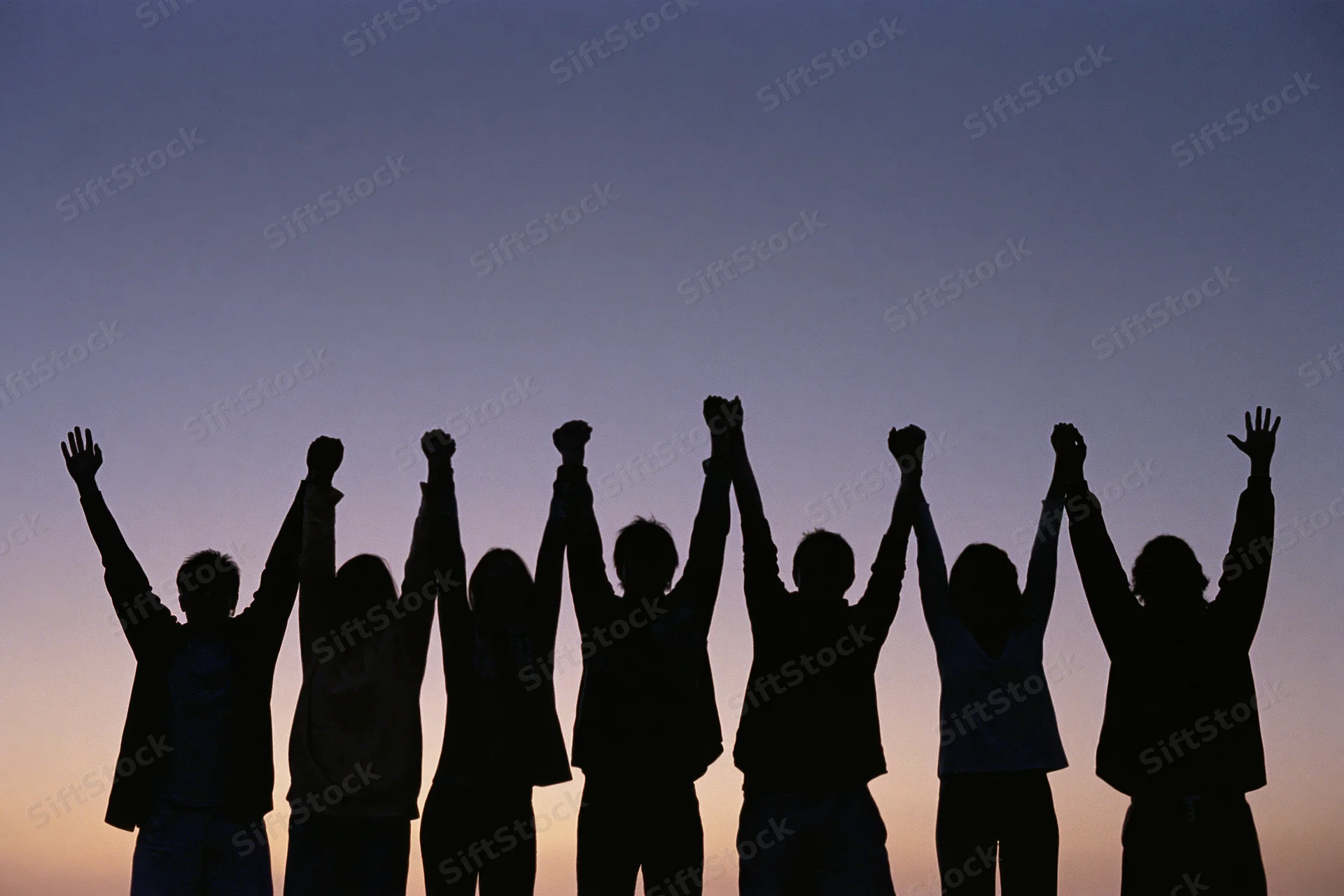 Silhouettes of eight people standing in a row holding hands raised against a twilight sky