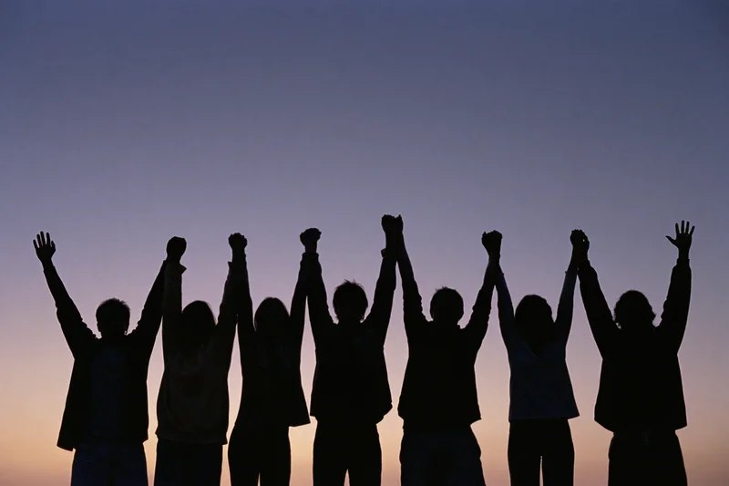 Silhouettes of eight people standing in a row holding hands raised against a twilight sky
