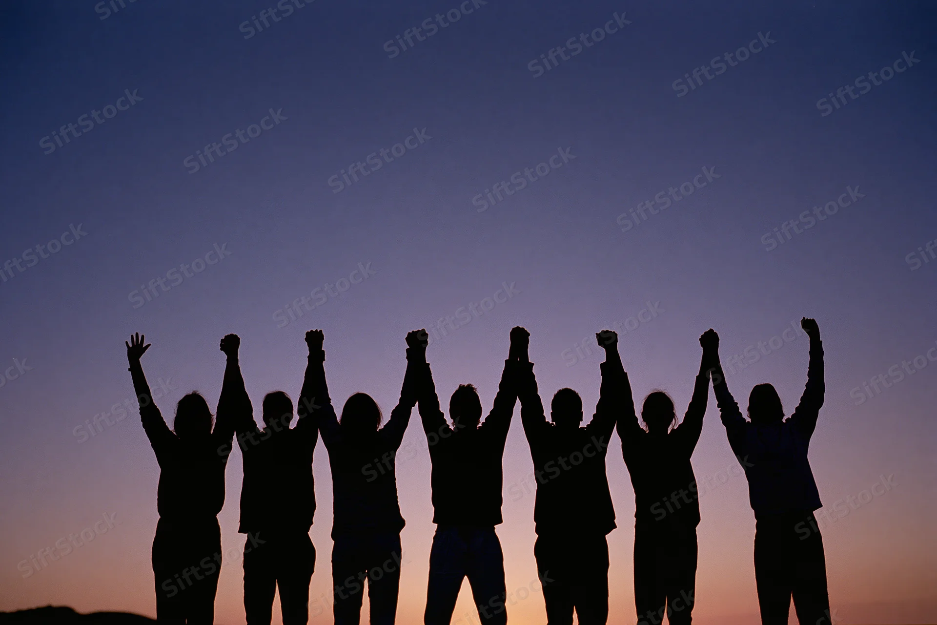 Silhouettes of eight people standing in a row holding hands against a twilight sky
