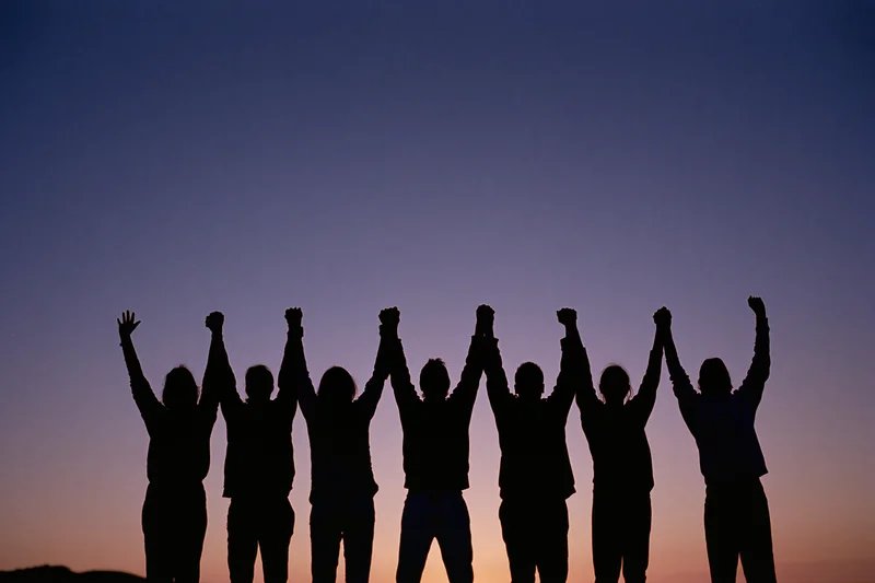 Silhouettes of eight people standing in a row holding hands against a twilight sky