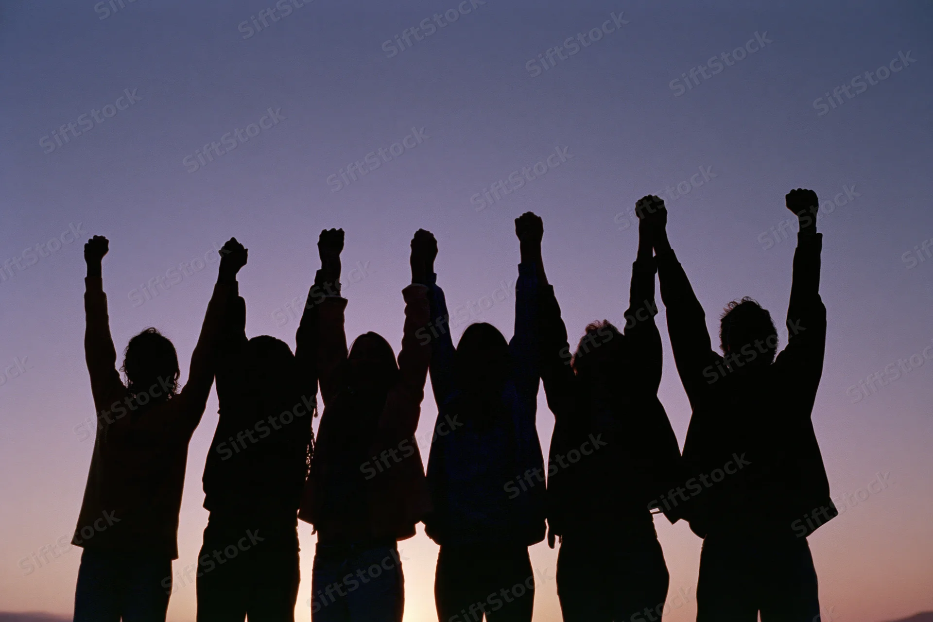 Silhouettes of eight people standing in a row with arms raised holding hands against a twilight sky