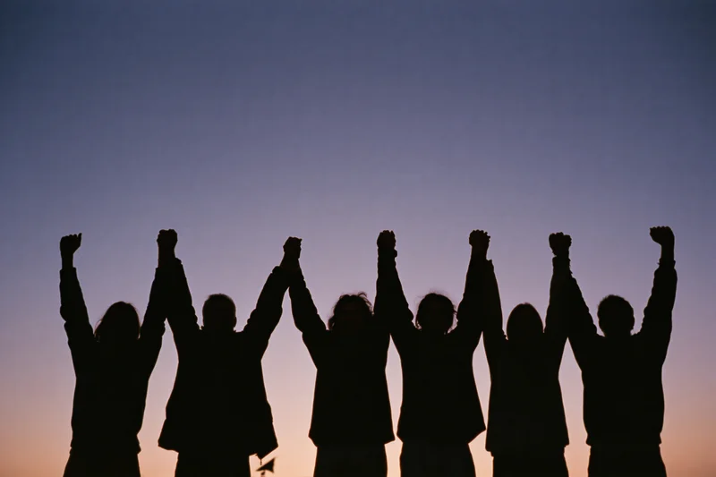 Silhouettes of eight people standing in a row with raised fists against a twilight sky